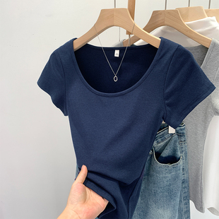 洋派独圆领螺纹基础款短袖T恤女夏季2026新款正肩显瘦上衣0311w