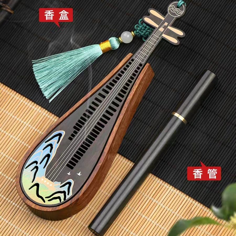 古典木质香薰炉江山如画香具盘香线香炉香插复古红木琵琶礼盒套装