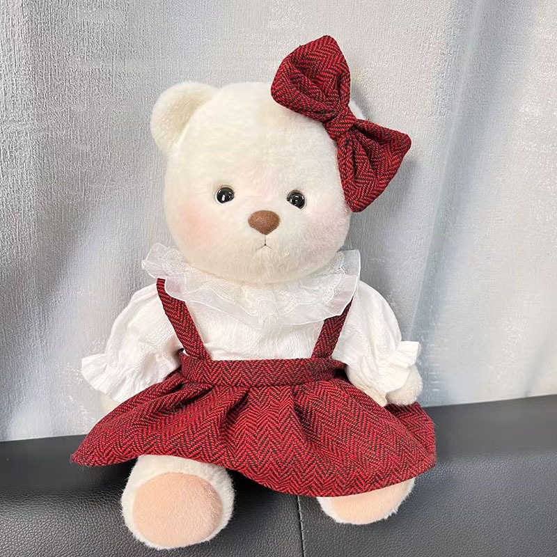 中号莉娜关节熊背带裤套装复古领红纹背带裙泰迪熊毛绒玩具着替
