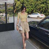 Quần short cotton và linen giản dị nữ hè 2019 mới hot quần lửng phiên bản Hàn Quốc của quần lửng cạp cao đã mỏng một chữ quần ống rộng - Quần short quần short nữ hàn quốc