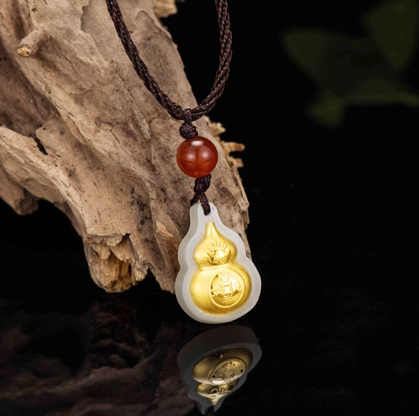 和田玉金镶玉葫芦招财猫吊坠项链男女百搭挂饰吉祥如意挂件情侣款