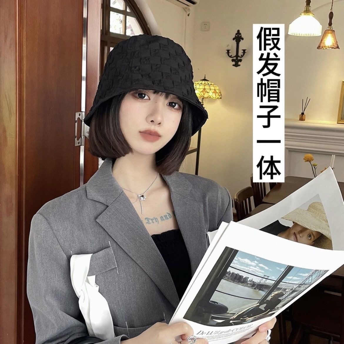 帽子假发一体泡泡格子渔夫帽假发短发仿真发自然女薄款时尚假发套