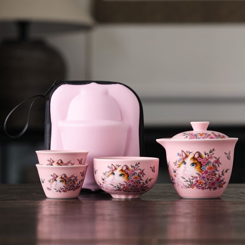 粉色汝窑波斯猫一壶三杯快客杯女士户外便携式茶具泡茶壶茶杯组合
