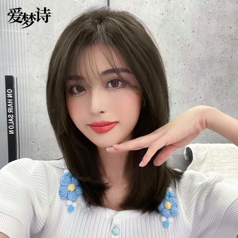 假发女夏法式刘海中长发发型真人发丝全头套冷茶色层次短发锁骨发
