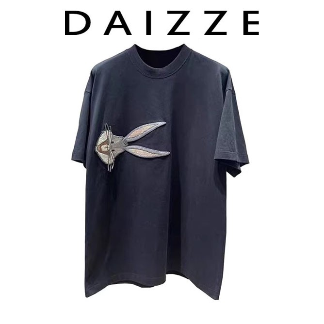 DAIZZE~2025春夏新款小众独特别致上衣复古休闲兔子黑色短袖t恤潮
