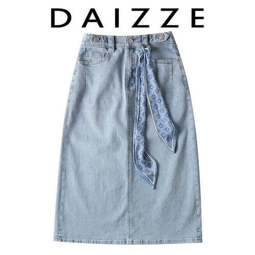 DAIZZE~夏季软薄弹力丝带点缀小A字高腰显瘦包臀百搭牛仔半身裙女