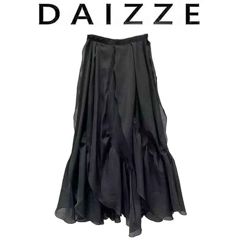 DAIZZE~荷叶边不规则褶皱半身裙女夏新款设计感小众黑色长裙子