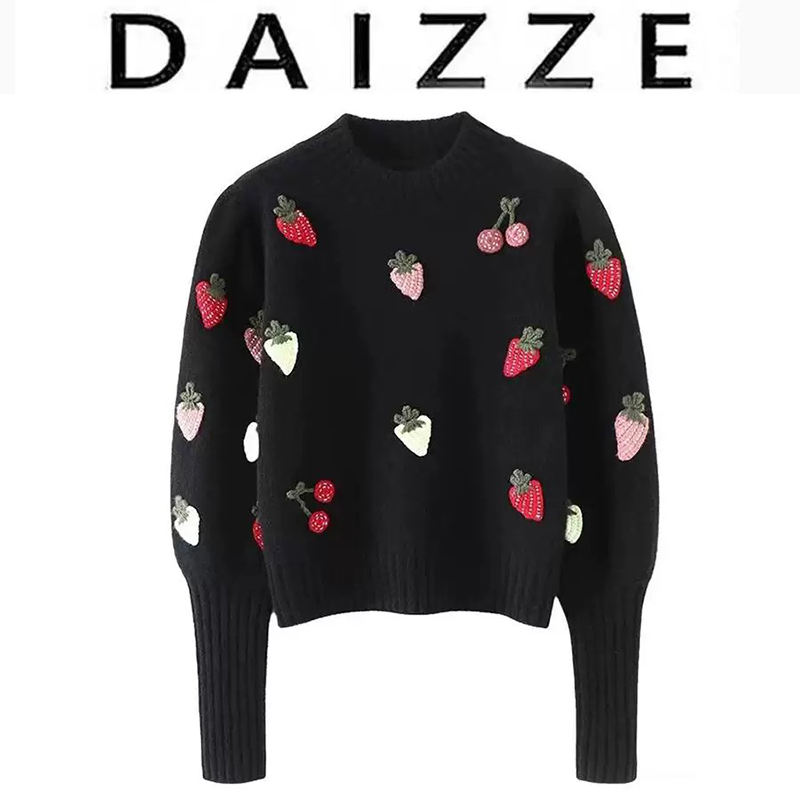DAIZZE~设计感手工钩花草莓半高领羊绒衫女秋冬新款加厚圆领毛衣