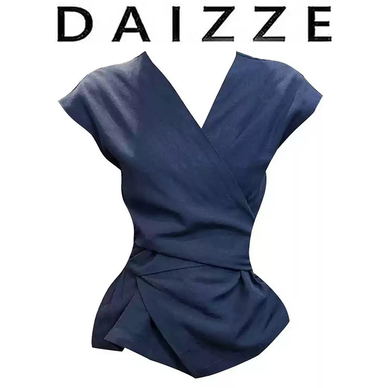 DAIZZE~法式交叉V领收腰衬衣女夏设计感系带气质显瘦无袖上衣ins