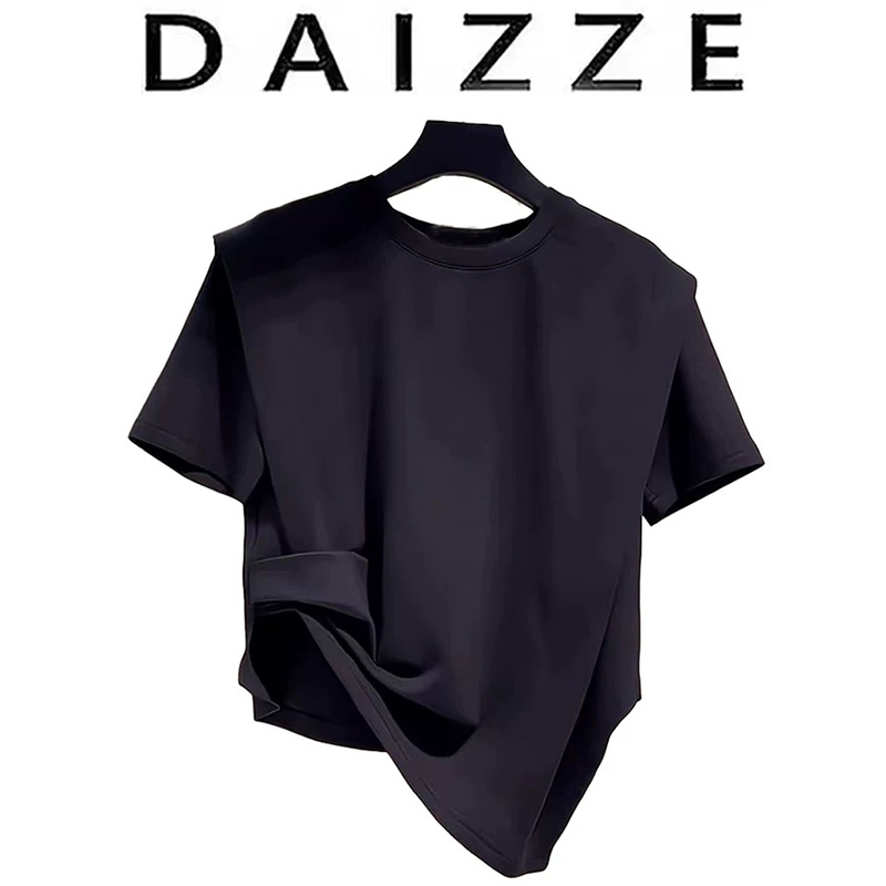 DAIZZE~不规则设计感褶皱短袖t恤女夏季新款收腰显瘦百搭上衣潮