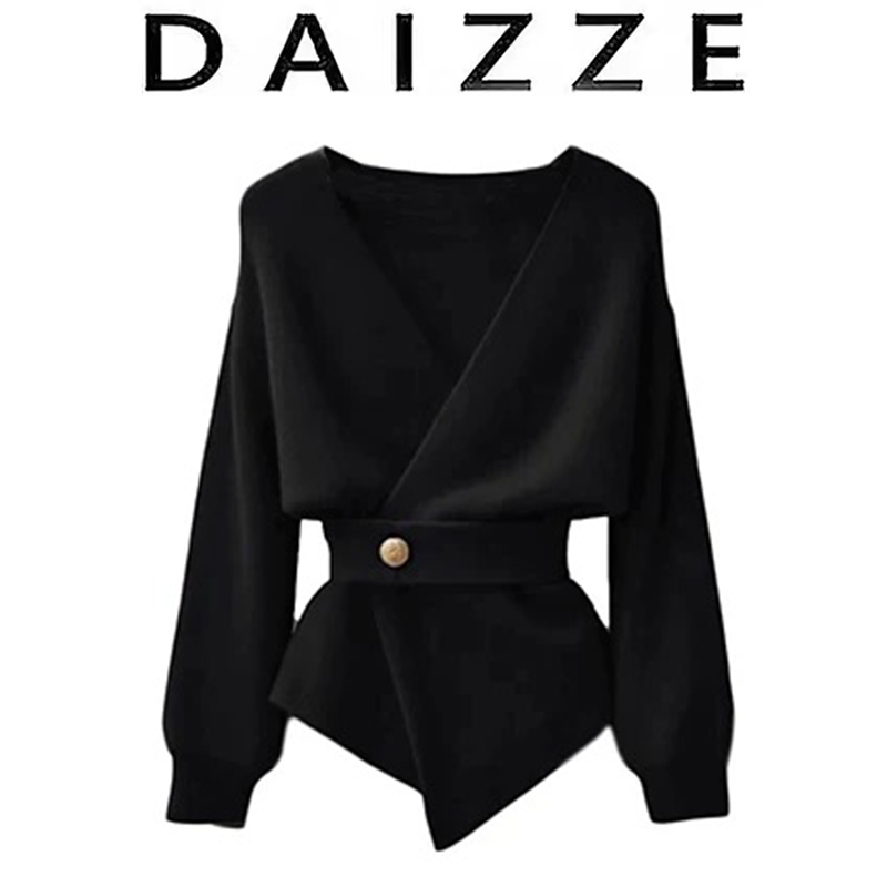 DAIZZE~法式V领设计针织衫女2025秋季新款小个子系带收腰显瘦上衣