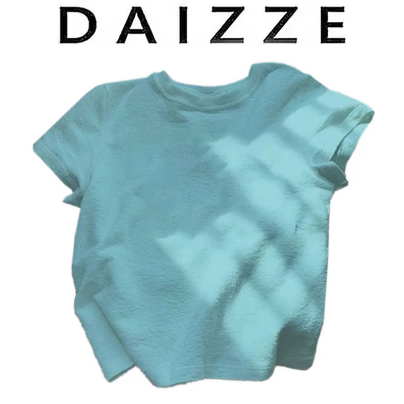 DAIZZE~夏新款多巴胺穿搭小个子湖蓝色正肩短款圆领短袖t恤女上衣