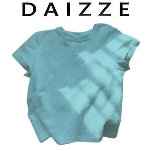 DAIZZE~夏新款多巴胺穿搭小个子湖蓝色正肩短款圆领短袖t恤女上衣