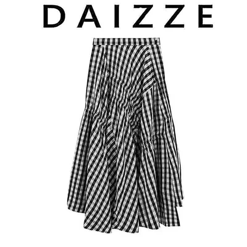 DAIZZE~新款文艺不规则下摆a字裙女千鸟格遮肉显瘦通勤百搭半身裙
