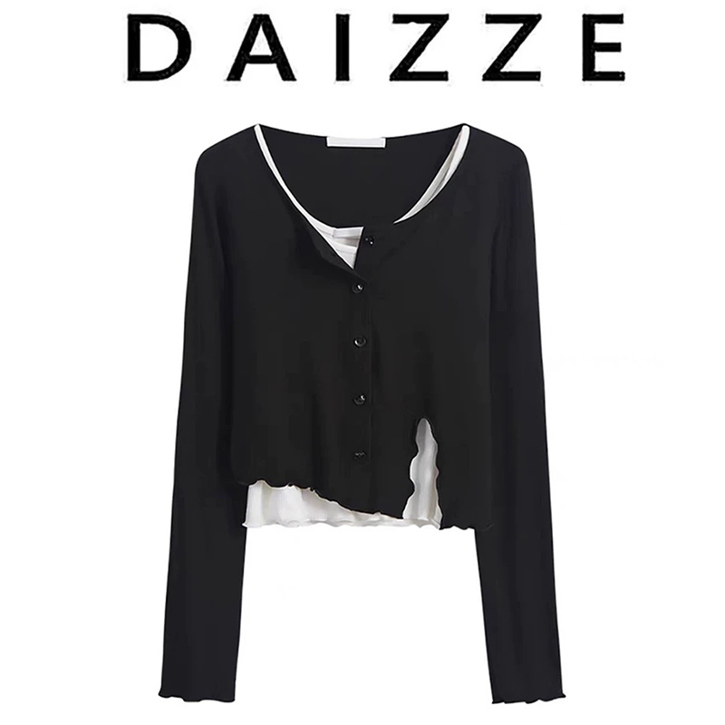 DAIZZE~2025春秋新款不规则开叉显瘦百搭短款T恤打底衫女士上衣潮