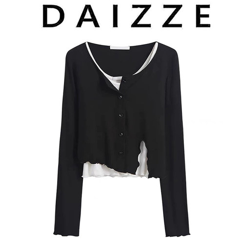 DAIZZE~2025春秋新款不规则开叉显瘦百搭短款T恤打底衫女士上衣潮