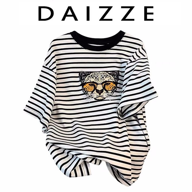DAIZZE~2025夏季新款时尚黑白细条纹短袖T恤女豹头刺绣宽松上衣