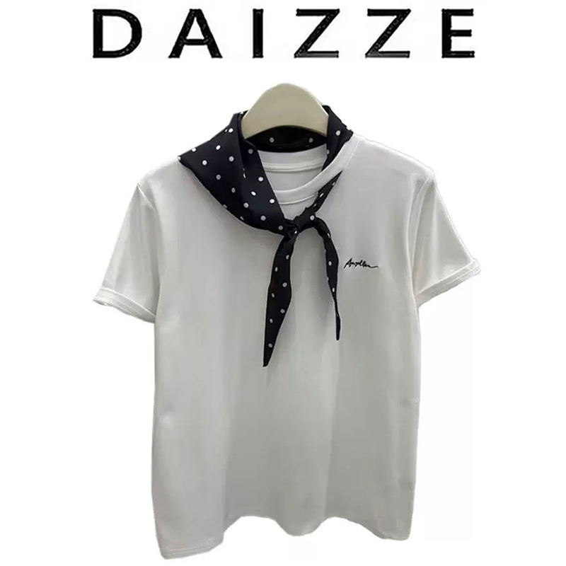 DAIZZE~夏季新款高级感韩系配丝巾字母刺绣短袖T恤女显瘦打底上衣