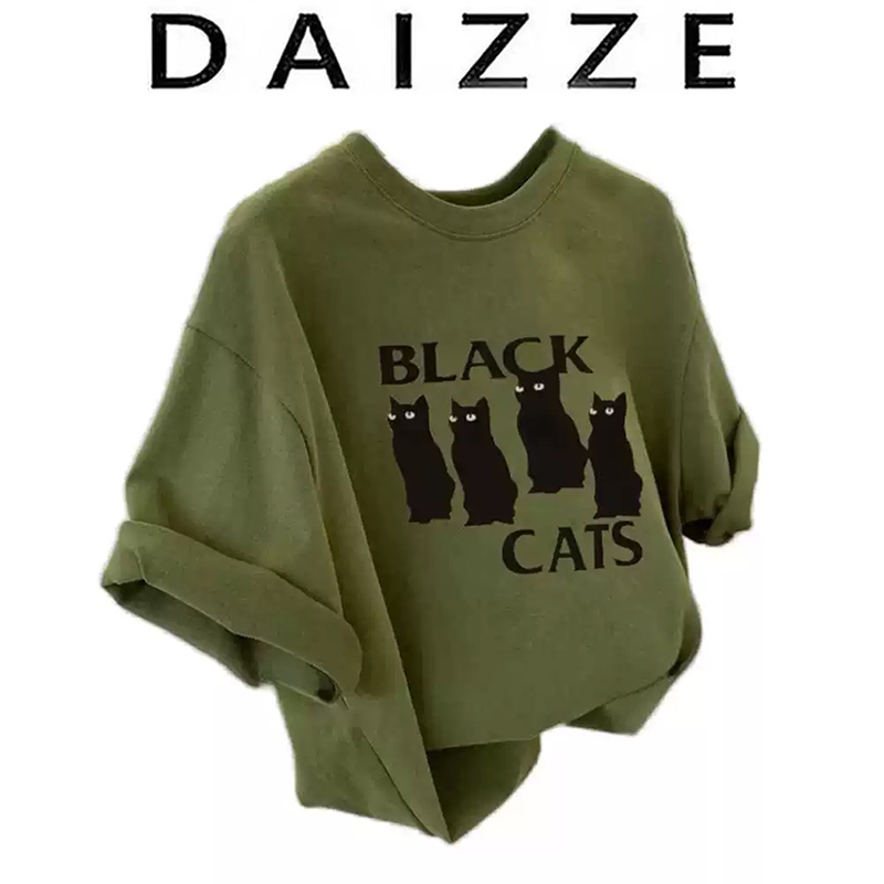 DAIZZE~猫咪字母印花纯棉短袖t恤女夏季宽松小个子休闲半袖上衣潮