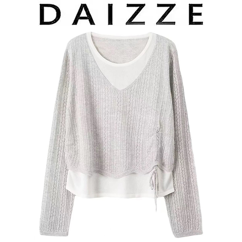 DAIZZE~设计感假两件针织衫T恤女25早秋抽绳显瘦百搭长袖V领上衣