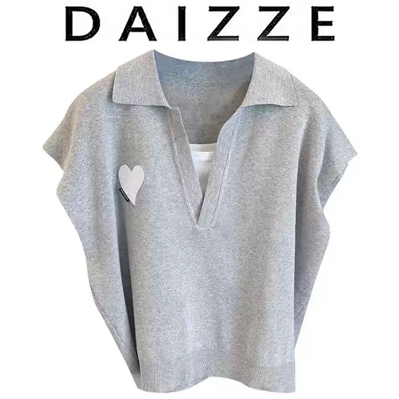DAIZZE~2025夏季新款纯色翻领爱心无袖T恤女休闲外穿宽松背心上衣