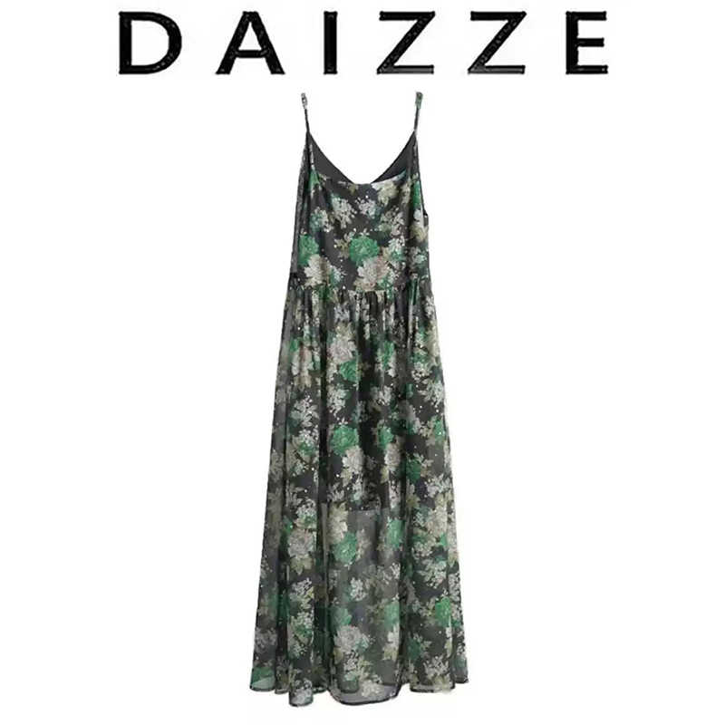 DAIZZE~新中式国风休闲气质连衣裙2025春夏新款绿色碎花吊带长裙