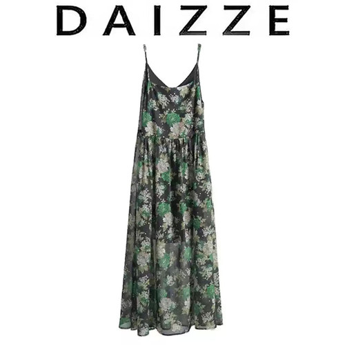 DAIZZE~新中式国风休闲气质连衣裙2025春夏新款绿色碎花吊带长裙
