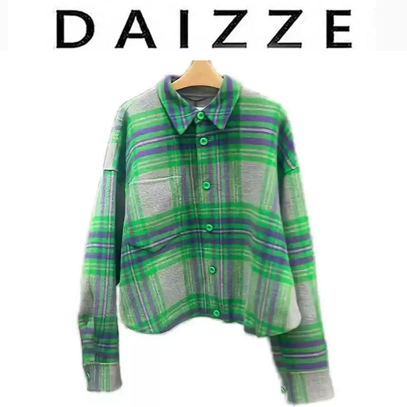 DAIZZE~设计感小众绿格纹上衣减龄秋新款时尚POLO领盐系穿搭衬衫