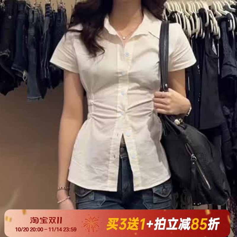 Amyway【法式甜辣】纯欲风复古翻领纽扣衬衫百搭白色短袖收腰上衣