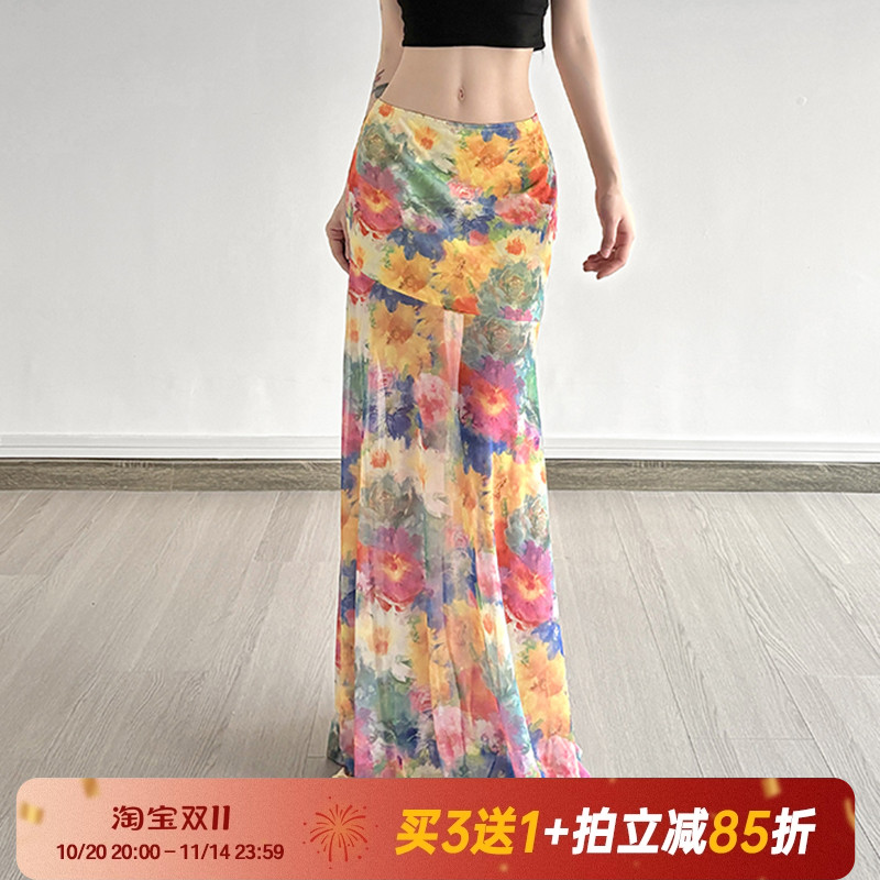 Amyway【莫奈花海】海岛油画风花卉晕染网纱半身裙女浪漫度假长裙