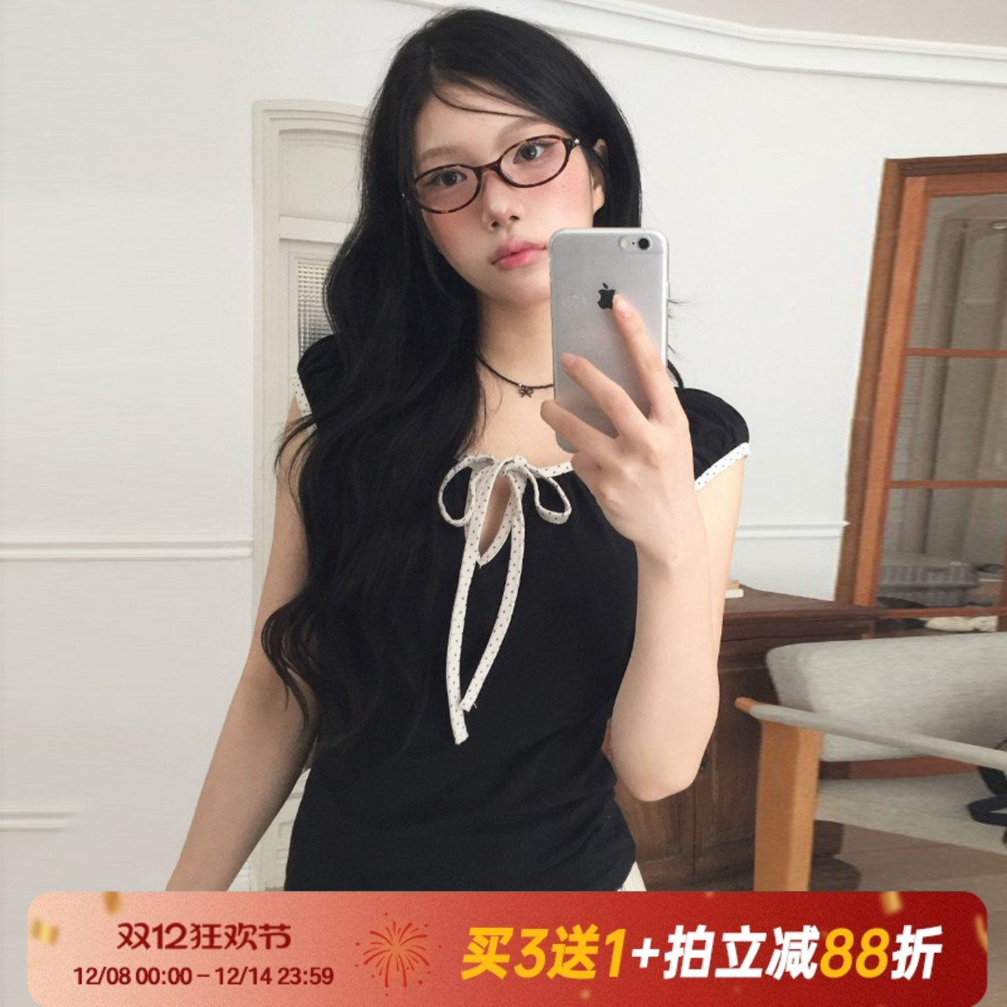 【甜美少女】韩系复古系带T恤