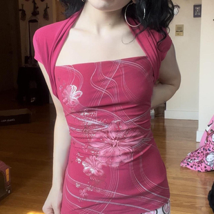 Amyway【古早少女】复古纯欲风古着玫红色方领T恤印花短袖上衣女