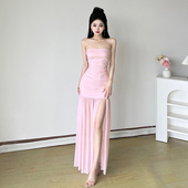 性感露肩抹胸拼接压褶修身 Amyway 浪漫度假 礼服裙网纱连衣裙