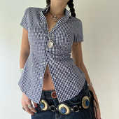 Amyway美式 衬衣设计感小众别致上衣 显瘦短袖 复古格子衬衫 女修身