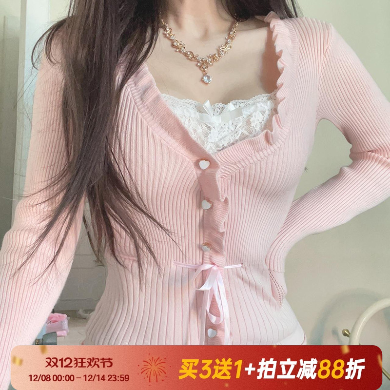 木耳花边蕾丝拼接针织衫系带长袖