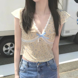 V领蕾丝上衣 Amyway 韩系甜美 复古少女碎花蝴蝶结微透短袖 罩衫