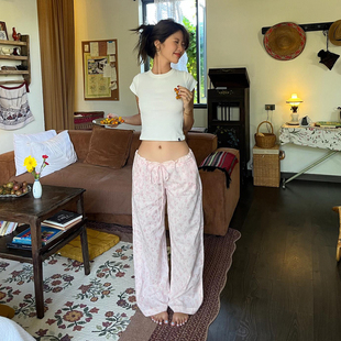 女松紧腰系带休闲裤 复古纯欲风蕾丝花边长裤 韩系辣妹 Amyway