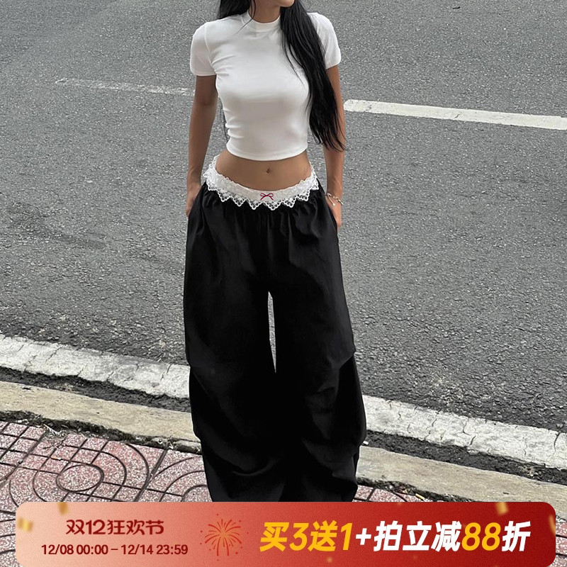 甜酷少女复古拼接腰头休闲裤