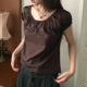 Amyway 纽扣圆领T恤上衣 衬衫 韩系少女 纯欲氛围感咖色泡泡短袖