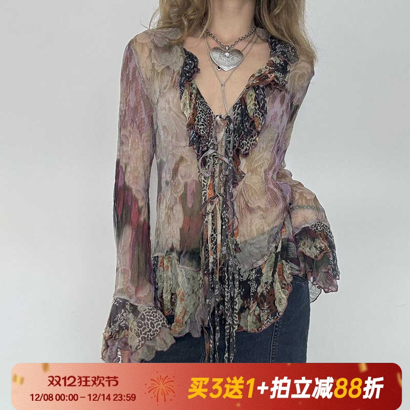 衬衫荷叶边印花设计感小众系带