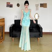 Amyway 薄荷曼波 度假风海边蝴蝶印花纯欲风吊带裙网纱鱼尾裙