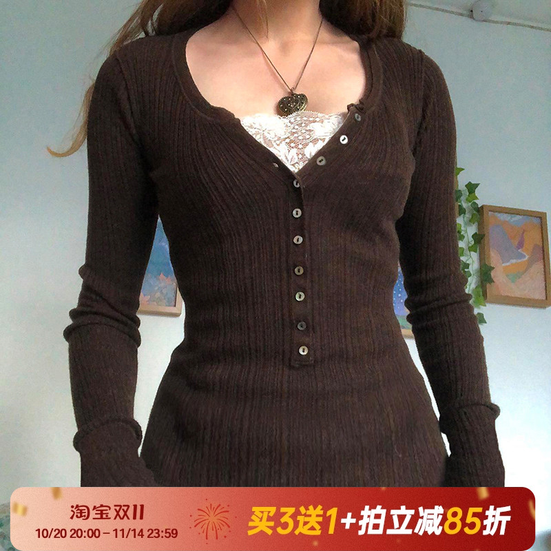 针织蕾丝拼接法式BM风长袖T恤