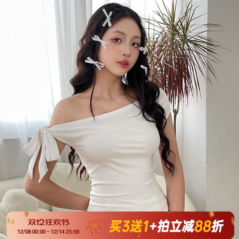 【纯欲辣妹】复古斜肩性感短袖