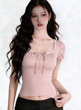 Amyway【甜妹复古】少女感方领蝴蝶结系带短袖收腰显瘦T恤上衣女