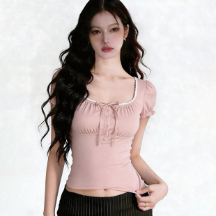 收腰显瘦T恤上衣女 少女感方领蝴蝶结系带短袖 Amyway 甜妹复古