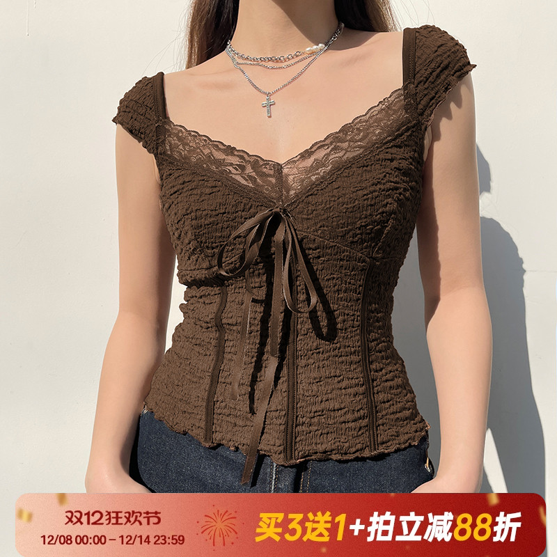 短袖复古辣妹薄款褶皱女