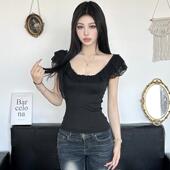 法式 复古 小众荷叶边褶皱低胸修身 Amyway T恤飞飞袖 辣妹上衣女