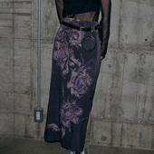 Amyway复古古着氛围感植卉印花紫色韵味半身裙 性感网纱辣妹长裙