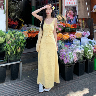 夏日清新 Amyway 纯欲碎花v领吊带连衣裙海边度假风收腰长裙女