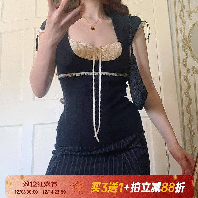 短袖上衣纯欲复古蕾丝系带甜美